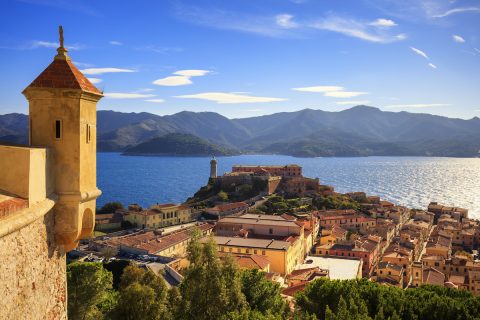 Elba island, Portoferraio aerial view from fort. Lighthouse and