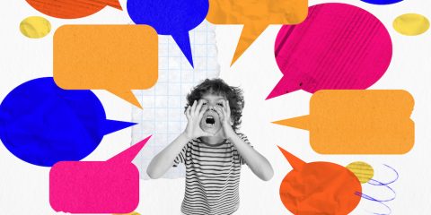 Poster. Contemporary art collage. Child holds hands near mouth and shouting with vivid colorful speech bubbles. Copy space.
